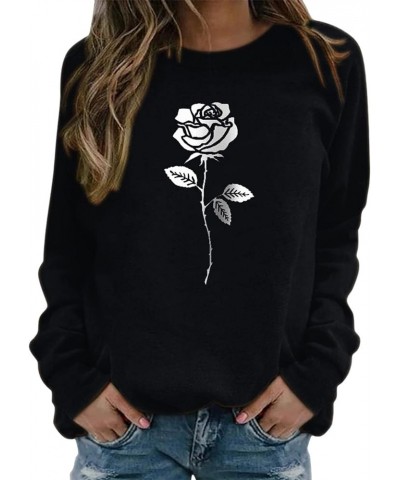 Sweatshirts for Women Rose Print Sweatshirt Crewneck Fit Pullover Tops Casual Long Sleeve Workout Shirts Loose B-black $7.53 ...