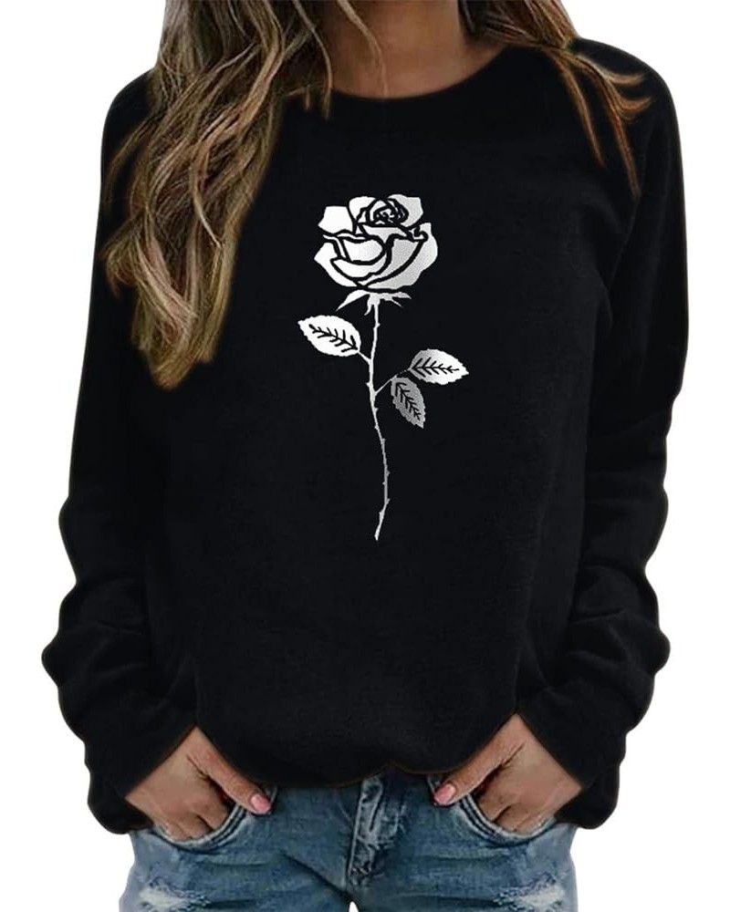 Sweatshirts for Women Rose Print Sweatshirt Crewneck Fit Pullover Tops Casual Long Sleeve Workout Shirts Loose B-black $7.53 ...