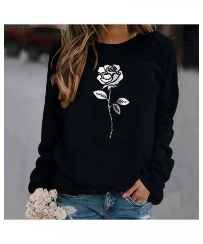 Sweatshirts for Women Rose Print Sweatshirt Crewneck Fit Pullover Tops Casual Long Sleeve Workout Shirts Loose B-black $7.53 ...