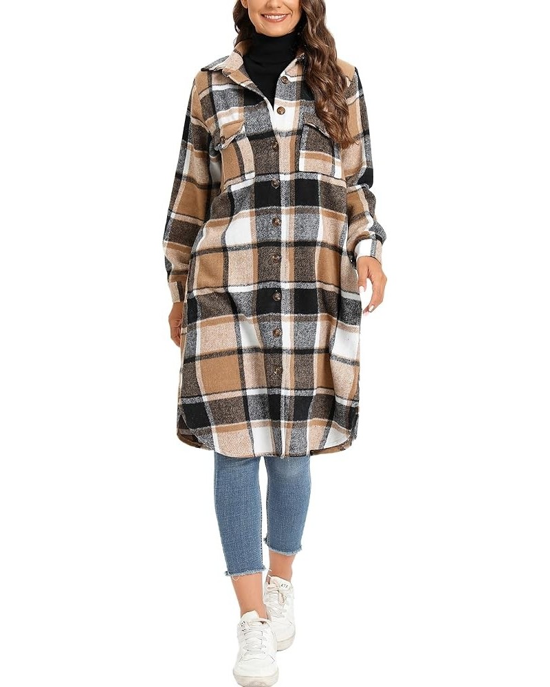 Women's Casual Button Down Flannel Long Plaid Shirts Jacket Coats with Pockets Khaki $18.45 Jackets