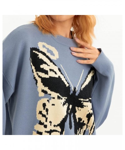 Womens Long Sleeve Crew Neck Cartoon Cow Print Knit Pullover Oversized Sweaters Graphic Jumper Striped Clothes L-blue $12.74 ...