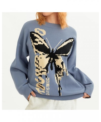 Womens Long Sleeve Crew Neck Cartoon Cow Print Knit Pullover Oversized Sweaters Graphic Jumper Striped Clothes L-blue $12.74 ...