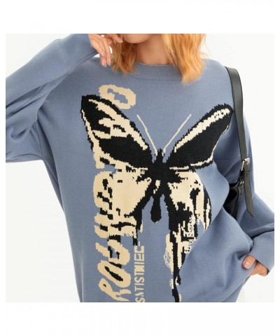 Womens Long Sleeve Crew Neck Cartoon Cow Print Knit Pullover Oversized Sweaters Graphic Jumper Striped Clothes L-blue $12.74 ...