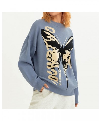 Womens Long Sleeve Crew Neck Cartoon Cow Print Knit Pullover Oversized Sweaters Graphic Jumper Striped Clothes L-blue $12.74 ...