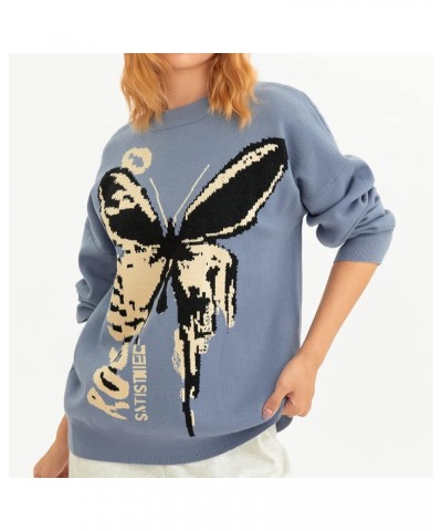 Womens Long Sleeve Crew Neck Cartoon Cow Print Knit Pullover Oversized Sweaters Graphic Jumper Striped Clothes L-blue $12.74 ...