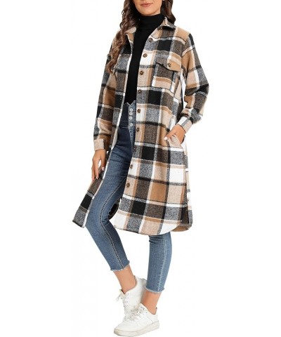 Women's Casual Button Down Flannel Long Plaid Shirts Jacket Coats with Pockets Khaki $18.45 Jackets