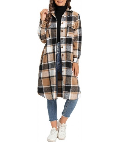 Women's Casual Button Down Flannel Long Plaid Shirts Jacket Coats with Pockets Khaki $18.45 Jackets