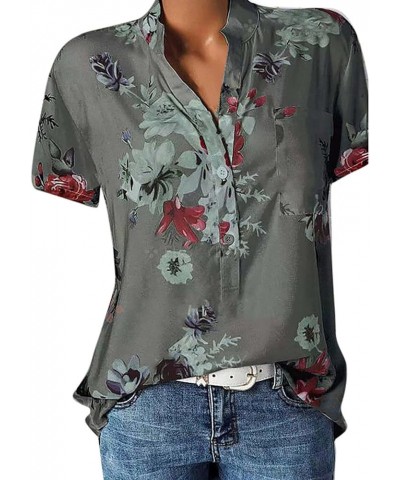 Women Casual Beach Floral Short Sleeve V Neck Button Down Tops Gray $10.79 Tops