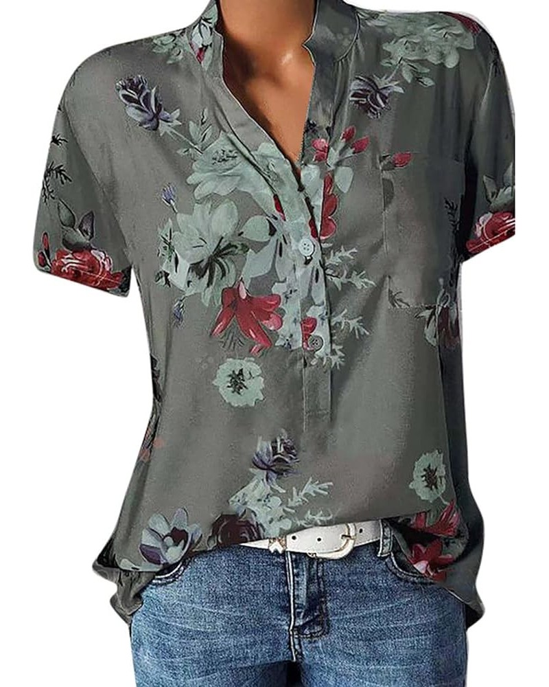 Women Casual Beach Floral Short Sleeve V Neck Button Down Tops Gray $10.79 Tops