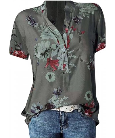 Women Casual Beach Floral Short Sleeve V Neck Button Down Tops Gray $10.79 Tops