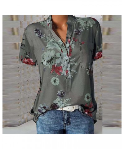 Women Casual Beach Floral Short Sleeve V Neck Button Down Tops Gray $10.79 Tops