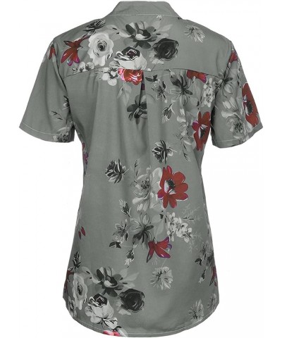 Women Casual Beach Floral Short Sleeve V Neck Button Down Tops Gray $10.79 Tops