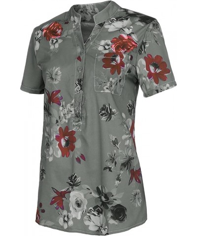 Women Casual Beach Floral Short Sleeve V Neck Button Down Tops Gray $10.79 Tops