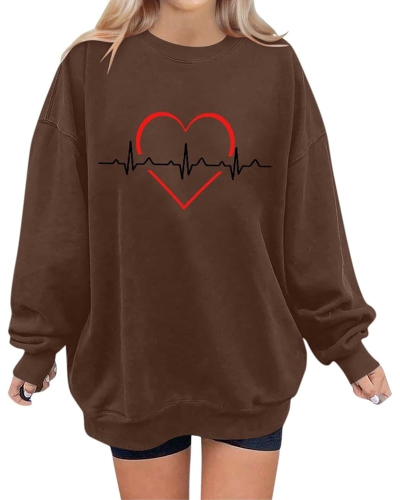 Valentines Casual Loose Long Sleeve Sweatshirt for Women, Trendy New Heart Print Pullover Laidies Crewneck Tops for Holiday B...