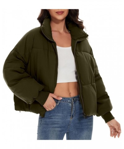 Rixiland Women Cropped Zip Puffer Jacket Winter Oversize Long Sleeve Stand Collar Coat Baggy Warm Outerwear with Pockets Army...