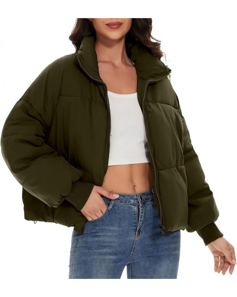 Rixiland Women Cropped Zip Puffer Jacket Winter Oversize Long Sleeve Stand Collar Coat Baggy Warm Outerwear with Pockets Army...