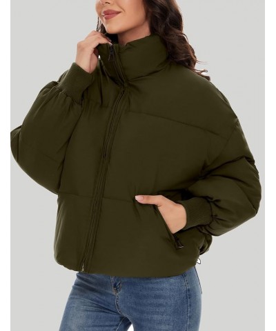 Rixiland Women Cropped Zip Puffer Jacket Winter Oversize Long Sleeve Stand Collar Coat Baggy Warm Outerwear with Pockets Army...