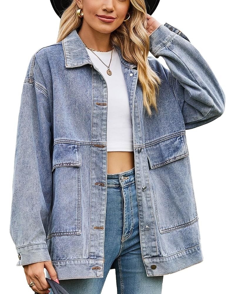 Aztec Denim Jacket Shacket for Women Button Down Vintage Distressed Blue Jean Jacket 01 Blue $22.71 Jackets