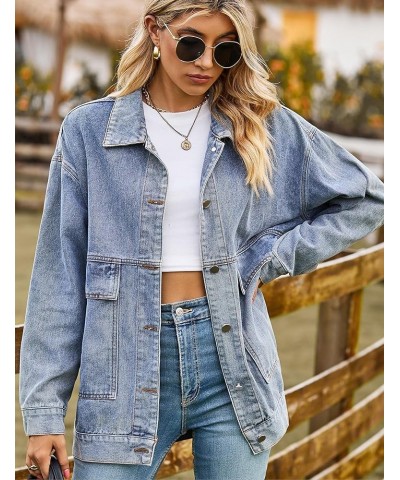 Aztec Denim Jacket Shacket for Women Button Down Vintage Distressed Blue Jean Jacket 01 Blue $22.71 Jackets