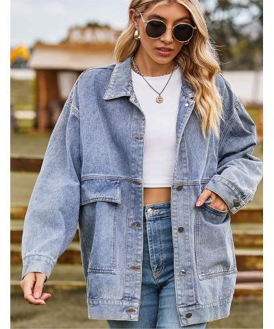 Aztec Denim Jacket Shacket for Women Button Down Vintage Distressed Blue Jean Jacket 01 Blue $22.71 Jackets