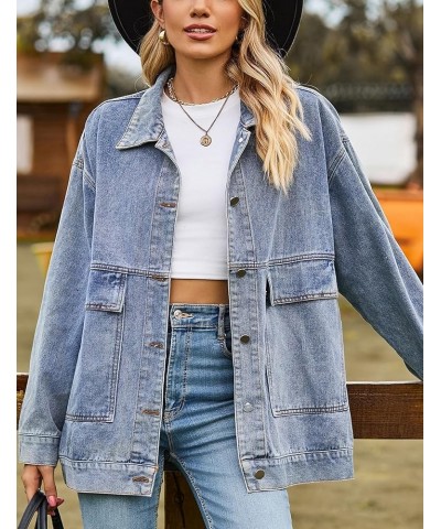 Aztec Denim Jacket Shacket for Women Button Down Vintage Distressed Blue Jean Jacket 01 Blue $22.71 Jackets