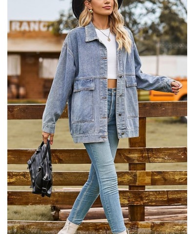 Aztec Denim Jacket Shacket for Women Button Down Vintage Distressed Blue Jean Jacket 01 Blue $22.71 Jackets