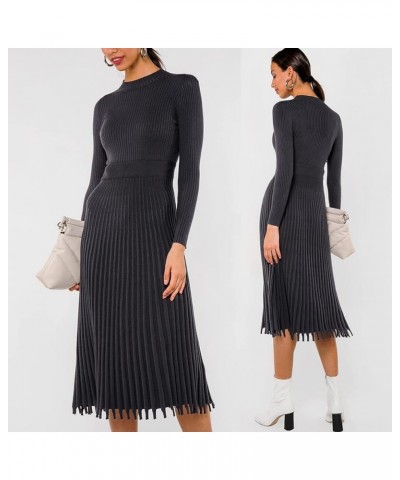 Womens Solid Pleat Knitted Long Sleevees Fit and Flare Stretchy Sweater Dresses B-black $30.20 Sweaters