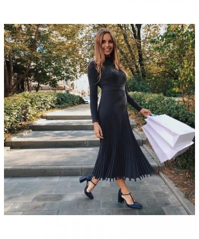 Womens Solid Pleat Knitted Long Sleevees Fit and Flare Stretchy Sweater Dresses B-black $30.20 Sweaters