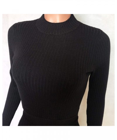 Womens Solid Pleat Knitted Long Sleevees Fit and Flare Stretchy Sweater Dresses B-black $30.20 Sweaters