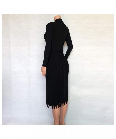 Womens Solid Pleat Knitted Long Sleevees Fit and Flare Stretchy Sweater Dresses B-black $30.20 Sweaters