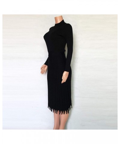 Womens Solid Pleat Knitted Long Sleevees Fit and Flare Stretchy Sweater Dresses B-black $30.20 Sweaters