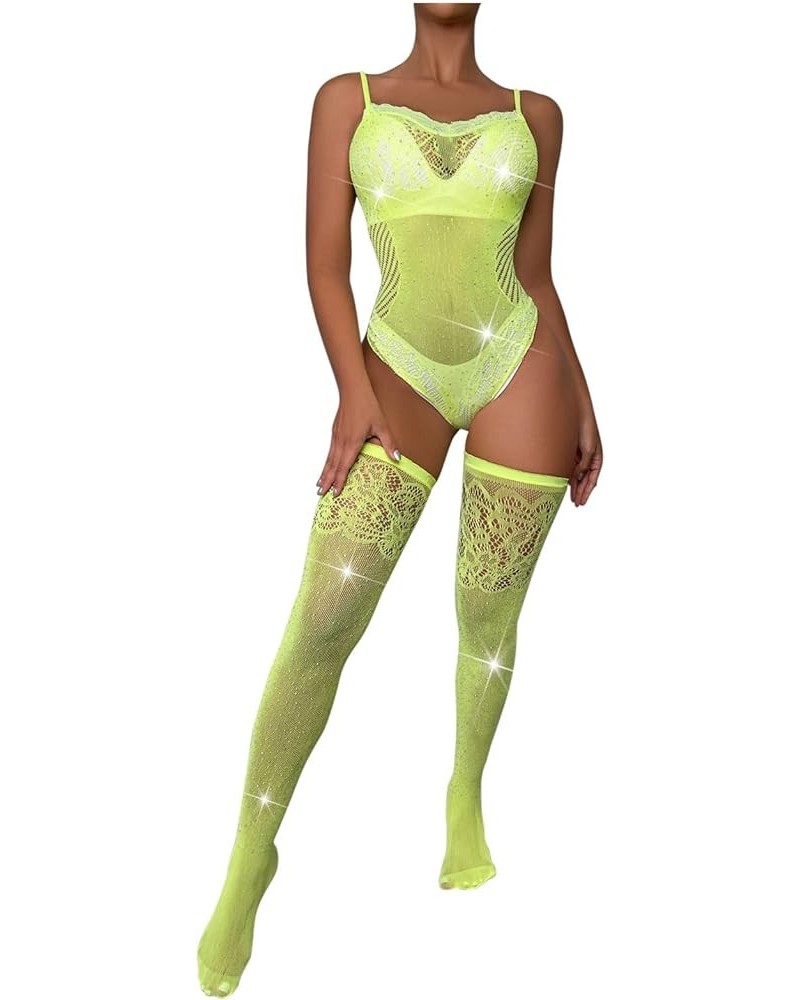 Womens Fishnet Lingerie Set for Sex Naughty Sexy Lace Mesh Sparkly Rhinestone Fishnet Bodysuit with Thigh High Stocking Yello...