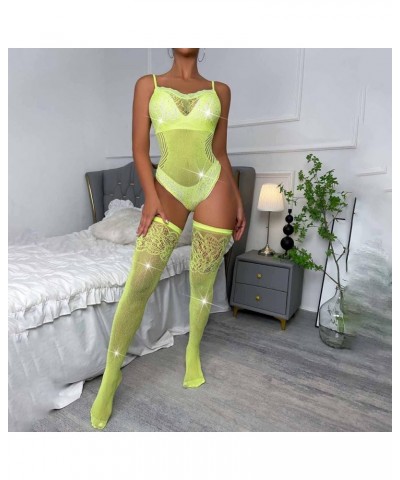 Womens Fishnet Lingerie Set for Sex Naughty Sexy Lace Mesh Sparkly Rhinestone Fishnet Bodysuit with Thigh High Stocking Yello...