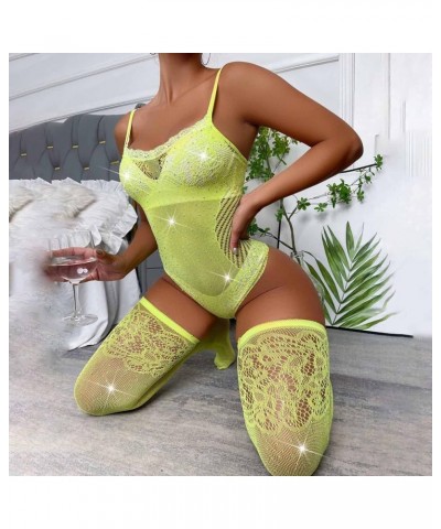 Womens Fishnet Lingerie Set for Sex Naughty Sexy Lace Mesh Sparkly Rhinestone Fishnet Bodysuit with Thigh High Stocking Yello...