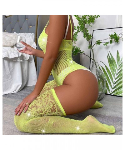 Womens Fishnet Lingerie Set for Sex Naughty Sexy Lace Mesh Sparkly Rhinestone Fishnet Bodysuit with Thigh High Stocking Yello...