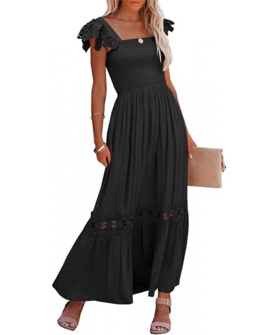 Womens Summer Boho Lace Strap Sleeveless Square Neck Ruffle A Line Flowy Beach Long Maxi Dress with Pockets A-black $29.15 Dr...