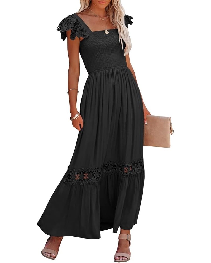 Womens Summer Boho Lace Strap Sleeveless Square Neck Ruffle A Line Flowy Beach Long Maxi Dress with Pockets A-black $29.15 Dr...