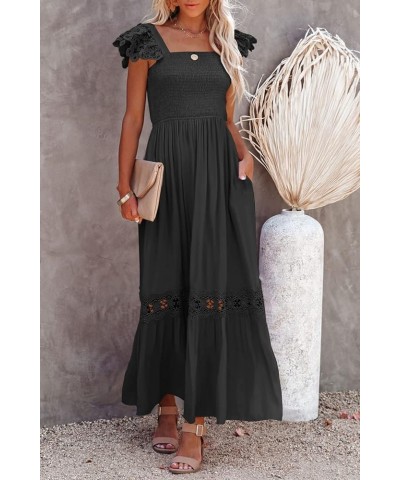 Womens Summer Boho Lace Strap Sleeveless Square Neck Ruffle A Line Flowy Beach Long Maxi Dress with Pockets A-black $29.15 Dr...