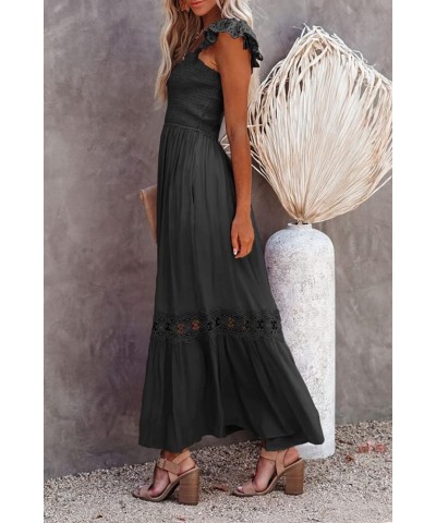 Womens Summer Boho Lace Strap Sleeveless Square Neck Ruffle A Line Flowy Beach Long Maxi Dress with Pockets A-black $29.15 Dr...