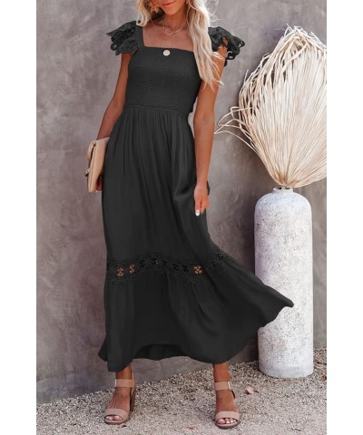 Womens Summer Boho Lace Strap Sleeveless Square Neck Ruffle A Line Flowy Beach Long Maxi Dress with Pockets A-black $29.15 Dr...