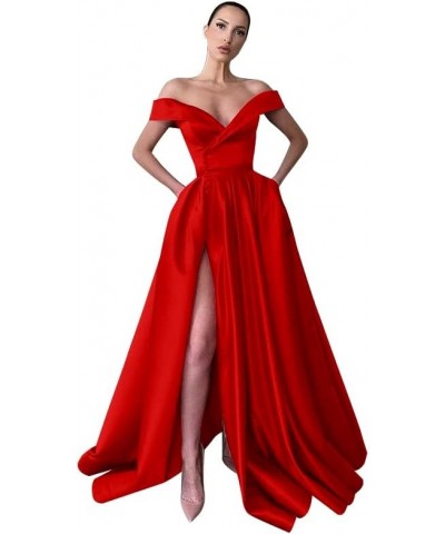 Women's Off The Shoulder Prom Dresses Long Ball Gowns Backless Slit Formal Evening Party Dress with Pockets Red $36.00 Dresses