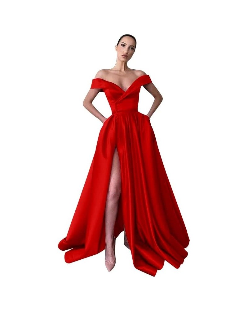 Women's Off The Shoulder Prom Dresses Long Ball Gowns Backless Slit Formal Evening Party Dress with Pockets Red $36.00 Dresses