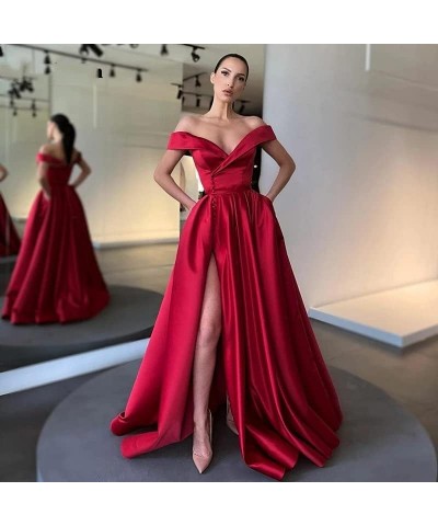 Women's Off The Shoulder Prom Dresses Long Ball Gowns Backless Slit Formal Evening Party Dress with Pockets Red $36.00 Dresses