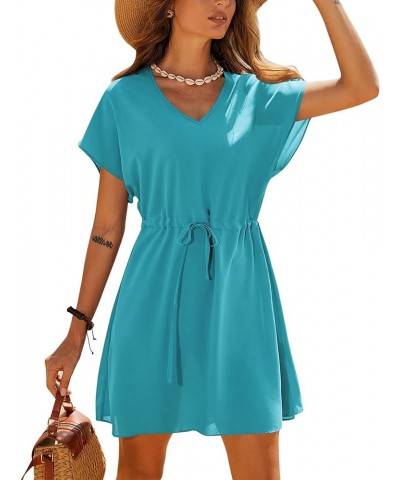 Womens Swimsuit Coverup Short Sleeve Beach Cover Up Dress V Neck Bikini Beachwear Style 2-Solid Color Peacock Blue $14.66 Swi...