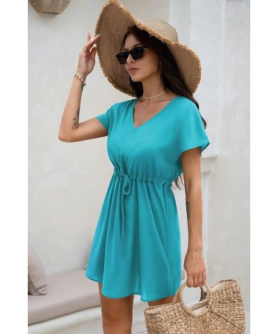 Womens Swimsuit Coverup Short Sleeve Beach Cover Up Dress V Neck Bikini Beachwear Style 2-Solid Color Peacock Blue $14.66 Swi...