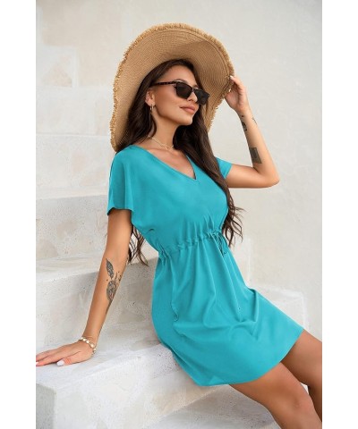 Womens Swimsuit Coverup Short Sleeve Beach Cover Up Dress V Neck Bikini Beachwear Style 2-Solid Color Peacock Blue $14.66 Swi...