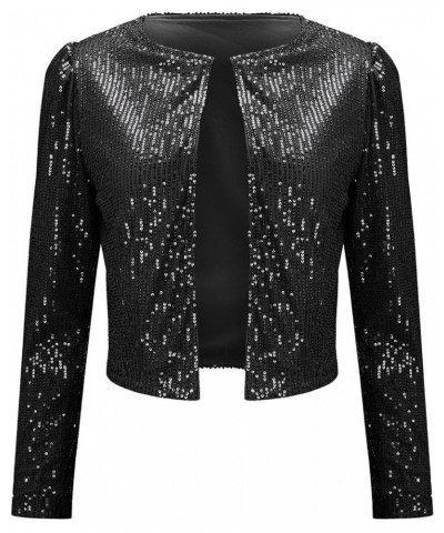 Women Sequins Sequin Jacket Casual Long Sleeve Glitter Sparkle Open Front Party Shiny Lapel Blazer Coat Rave Outerwear A5-bla...