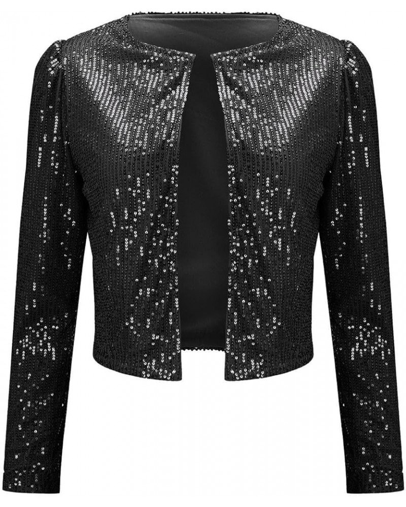 Women Sequins Sequin Jacket Casual Long Sleeve Glitter Sparkle Open Front Party Shiny Lapel Blazer Coat Rave Outerwear A5-bla...