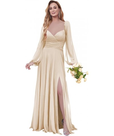 Women's Long Sleeve Bridesmaid Dresses Chiffon for Women V Neck Formal Dress with Slit Champagne $38.49 Dresses