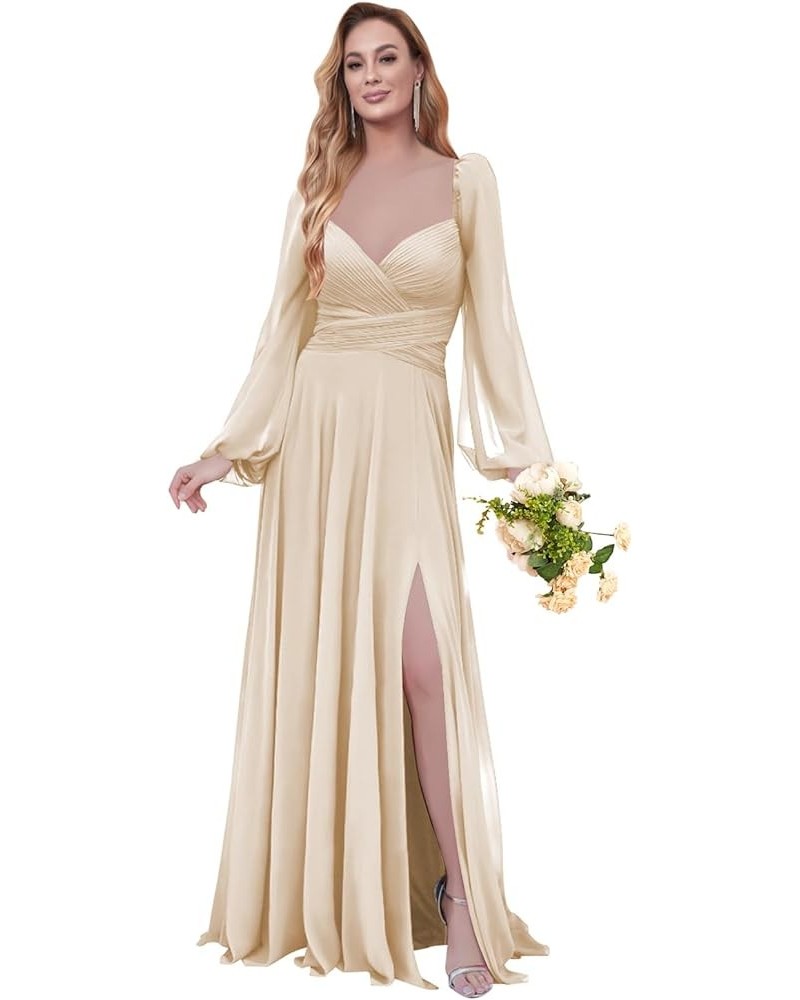 Women's Long Sleeve Bridesmaid Dresses Chiffon for Women V Neck Formal Dress with Slit Champagne $38.49 Dresses